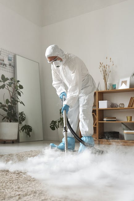 A professional cleaner from Holborn Carpet Cleaners is performing surface cleaning or sanitisation in a modern residential room. The person is dressed in full protective gear including a white disposa